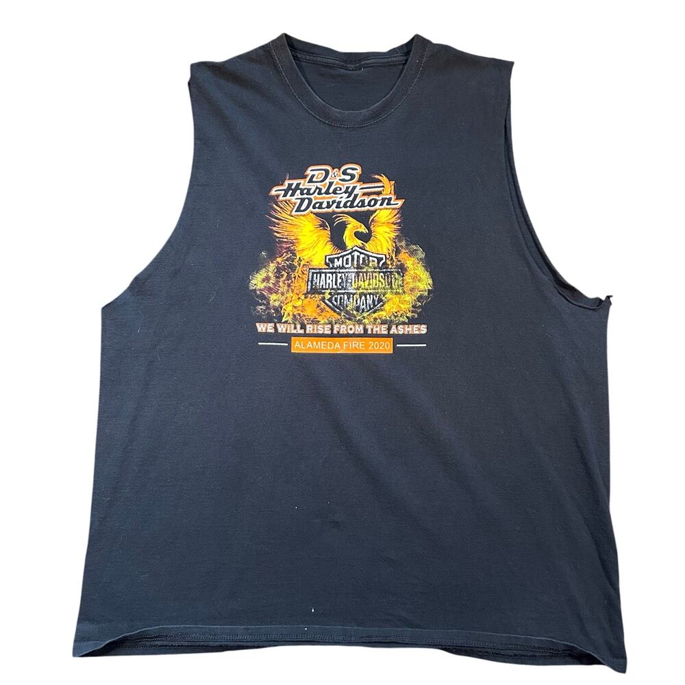 Y2K Harley Davidson Flames Cut Off Sleeves Graphic T-Shirt Mens 2XL Biker